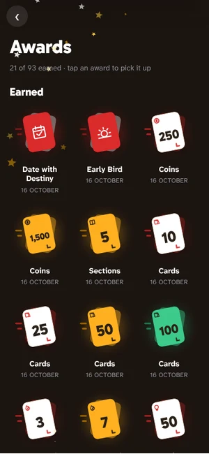 Awards screen with earned medals