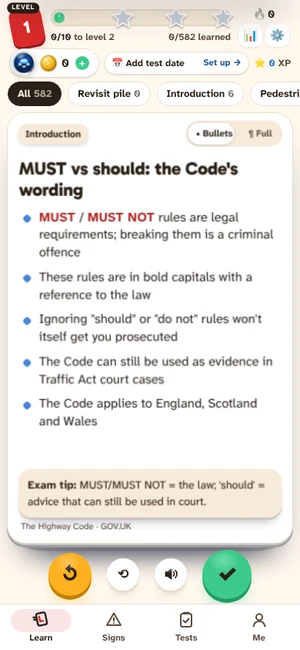 A TheorySwipe card explaining MUST and should in the Highway Code