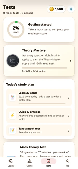 The Tests screen showing readiness score, Theory Mastery and today's study plan